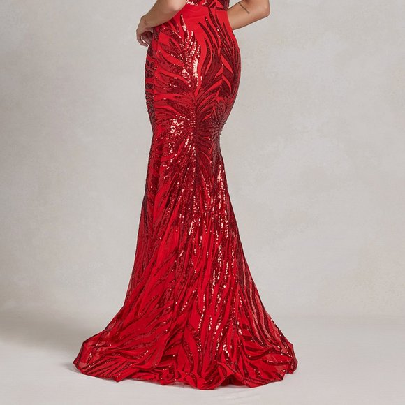 NEW LONG OFF THE SHOULDER SLEEVELESS EMBROIDERED DRESS WITH ZIPPER BACK NX R1072 - Picture 6 of 6